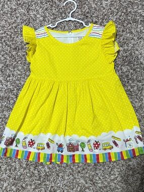 Sunny Yellow Polka Dot Kids Dress with Rainbow Border